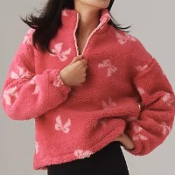 BEACH RIOT Leona Slopes Pink Bows Sherpa Quarter-Zip Pullover Sz MEDIUM - Picture 8 of 8